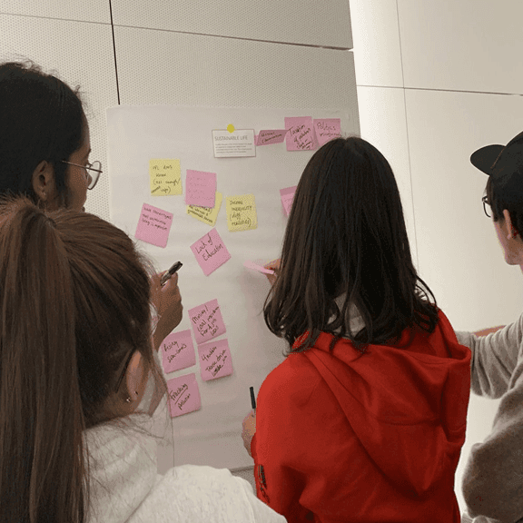 DTI members in front of a whiteboard pasting sticky notes in a brainstorming session